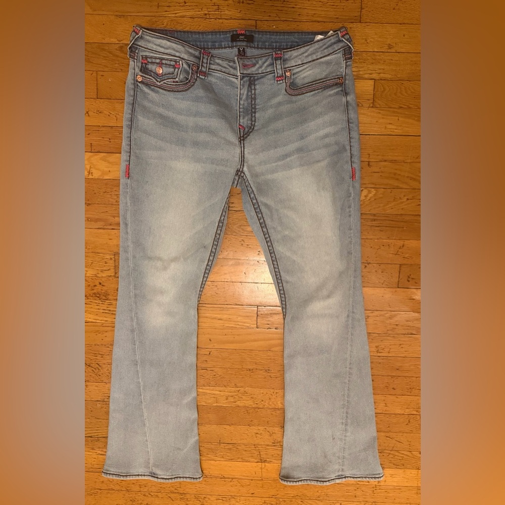 True Religion Joey Light Blue Denim Low Rise Jeans with Red Stitch Accents
